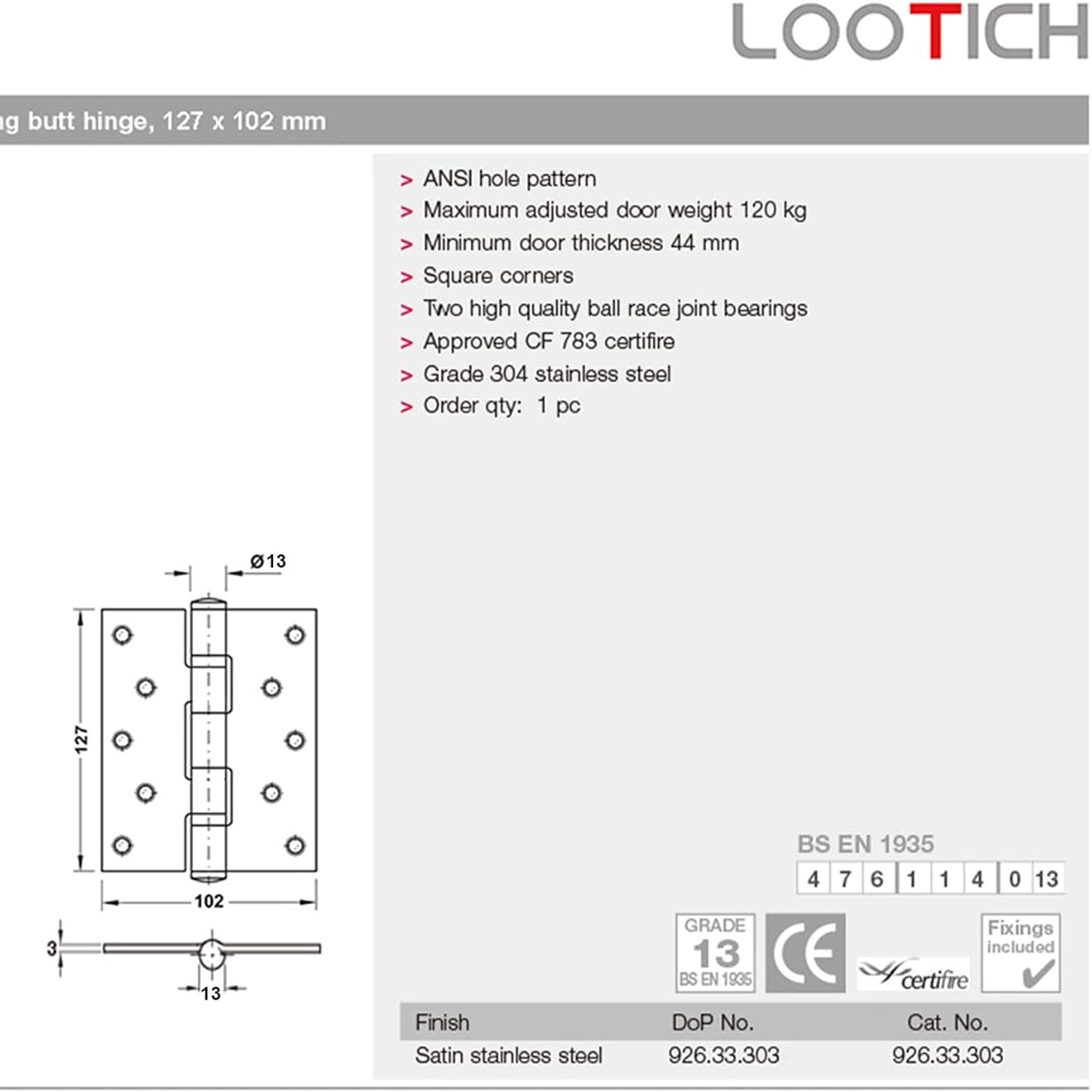 Ball Bearing Door Hinges, Stainless Steel, 127 x 102mm (4 Pack): image 6